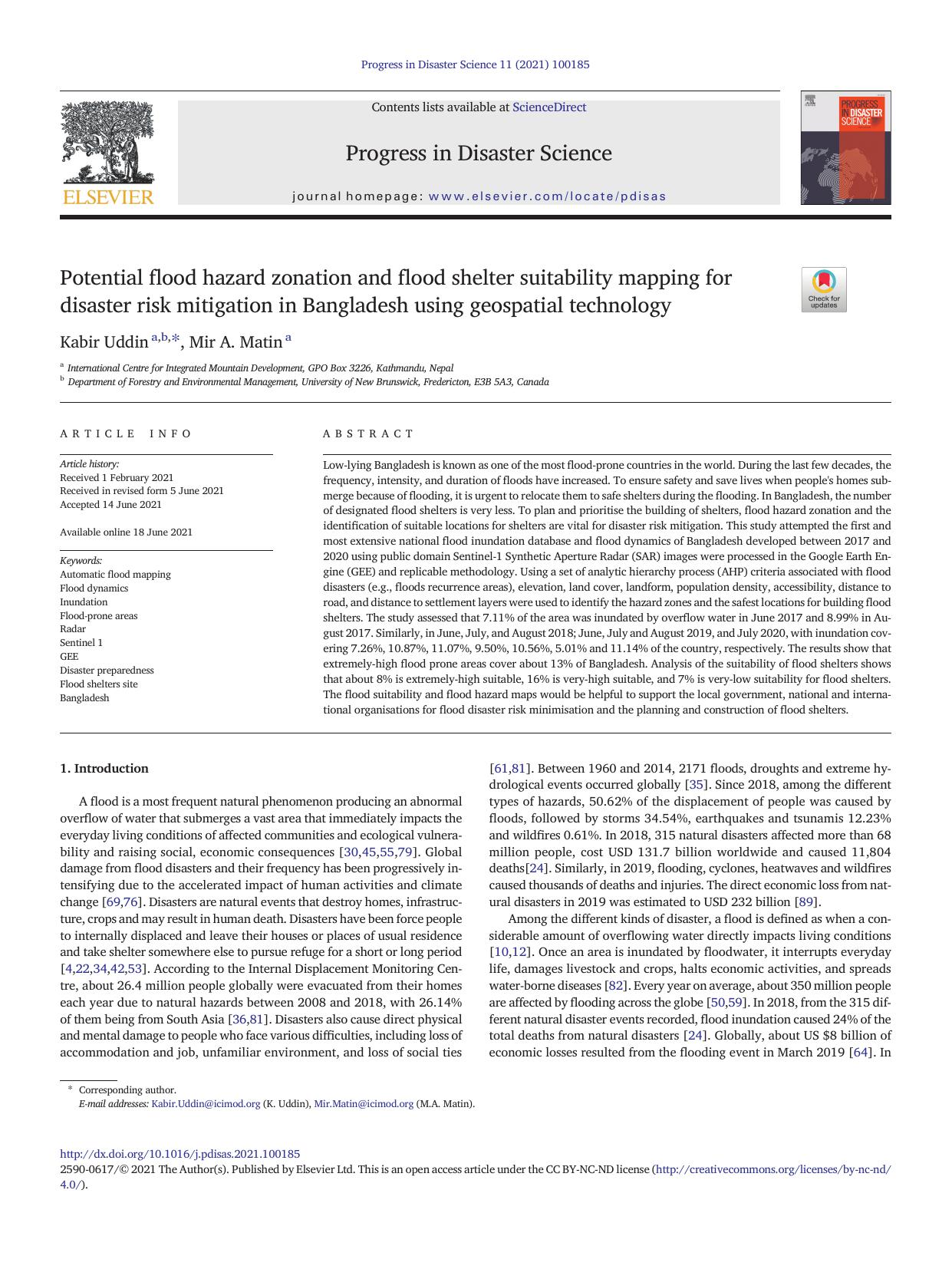 Potential flood hazard zonation and flood shelter suitability mapping for disaster risk mitigation in Bangladesh using geospatial technology