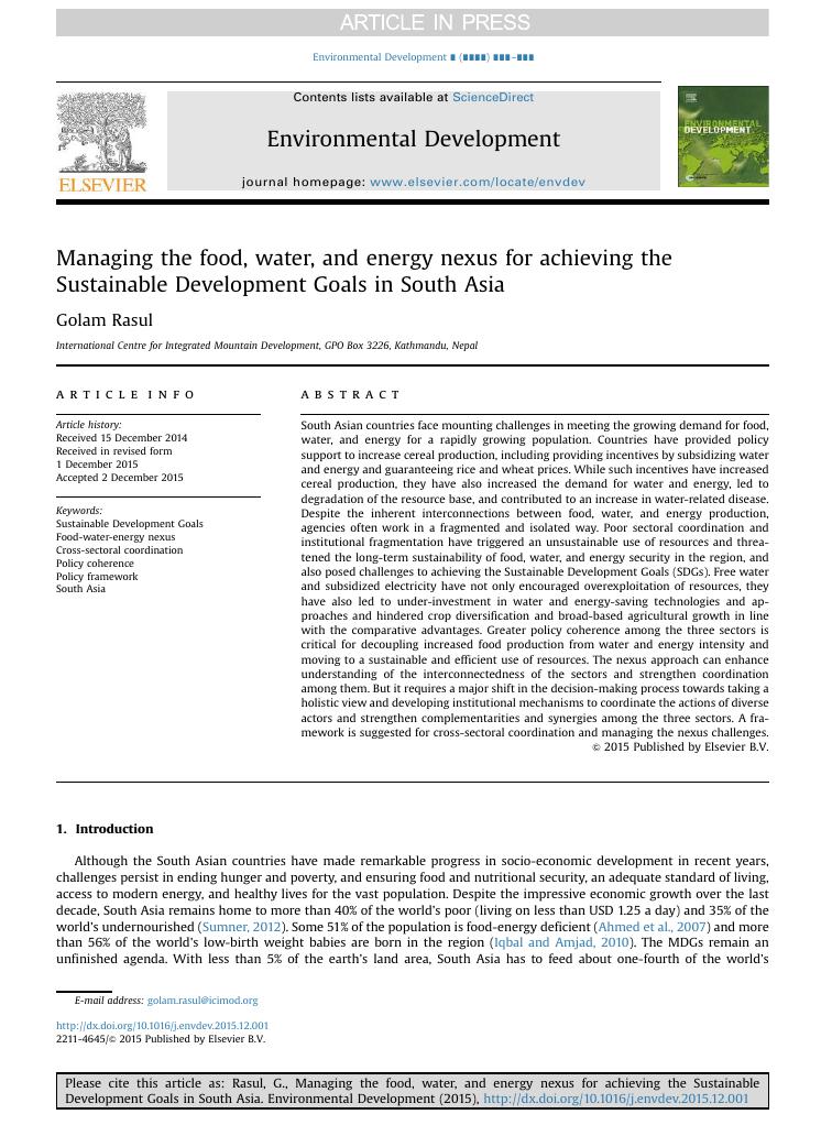 Managing the Food, Water, and Energy Nexus for Achieving the Sustainable Development Goals in South Asia