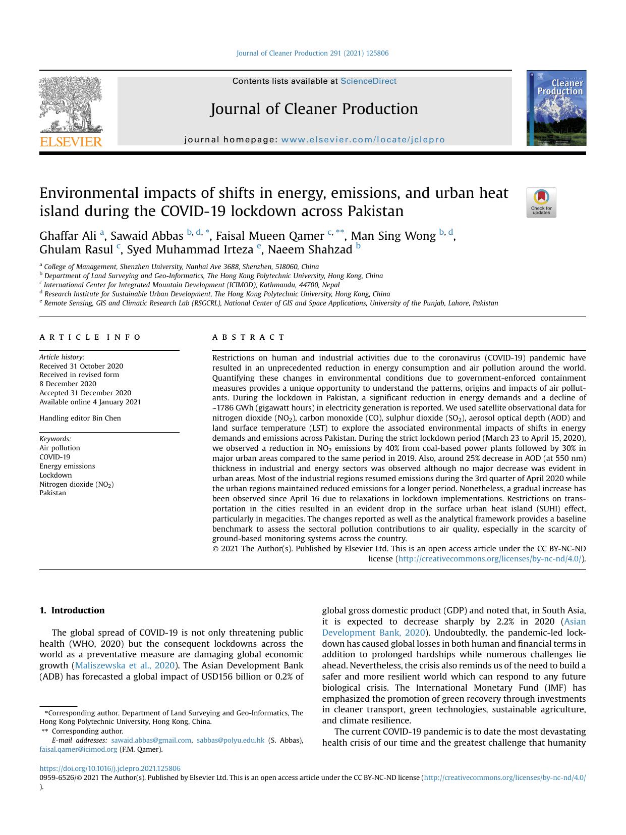 Environmental impacts of shifts in energy, emissions, and urban heat island during the COVID-19 lockdown across Pakistan
