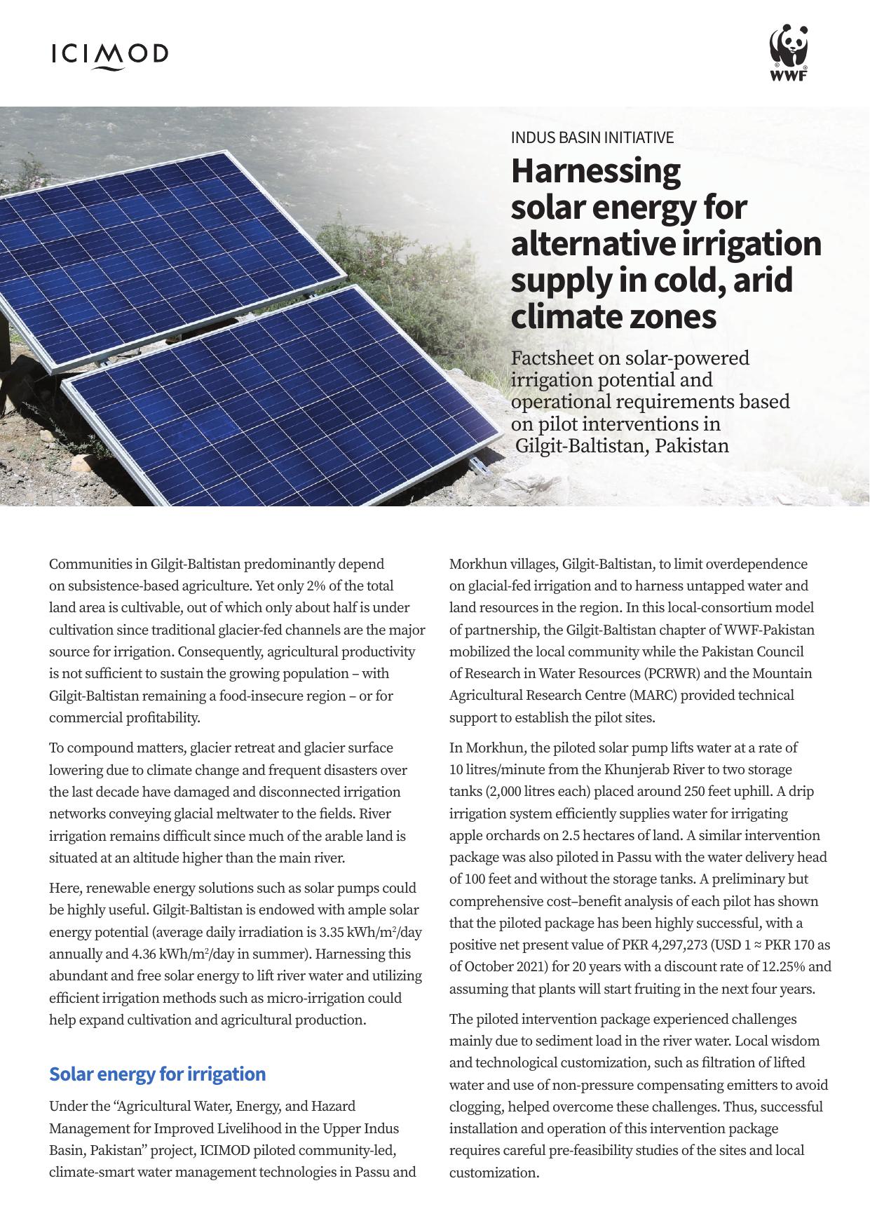 Harnessing solar energy for alternative irrigation supply in cold, arid climate zones