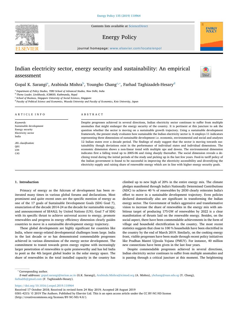 Indian Electricity Sector, Energy Security and Sustainability: An Empirical Assessment