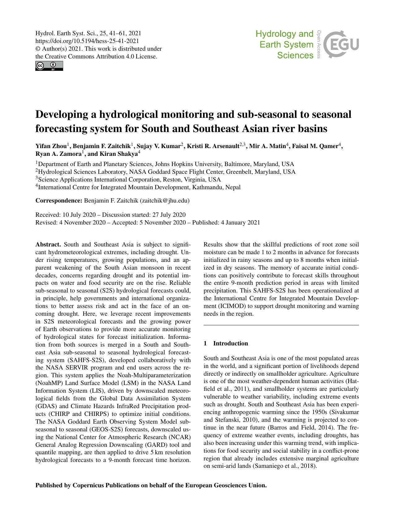 Developing a hydrological monitoring and sub-seasonal to seasonal forecasting system for South and Southeast Asian river basins