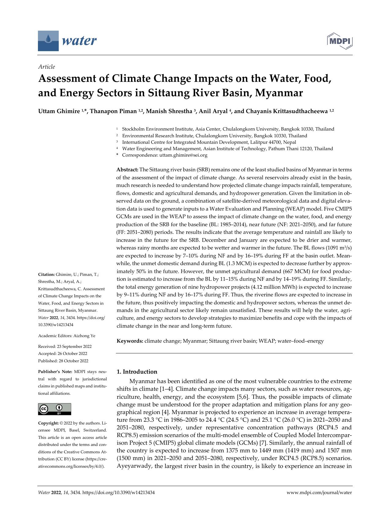 Assessment of climate change Impacts on the water, food, and energy sectors in Sittaung River Basin, Myanmar