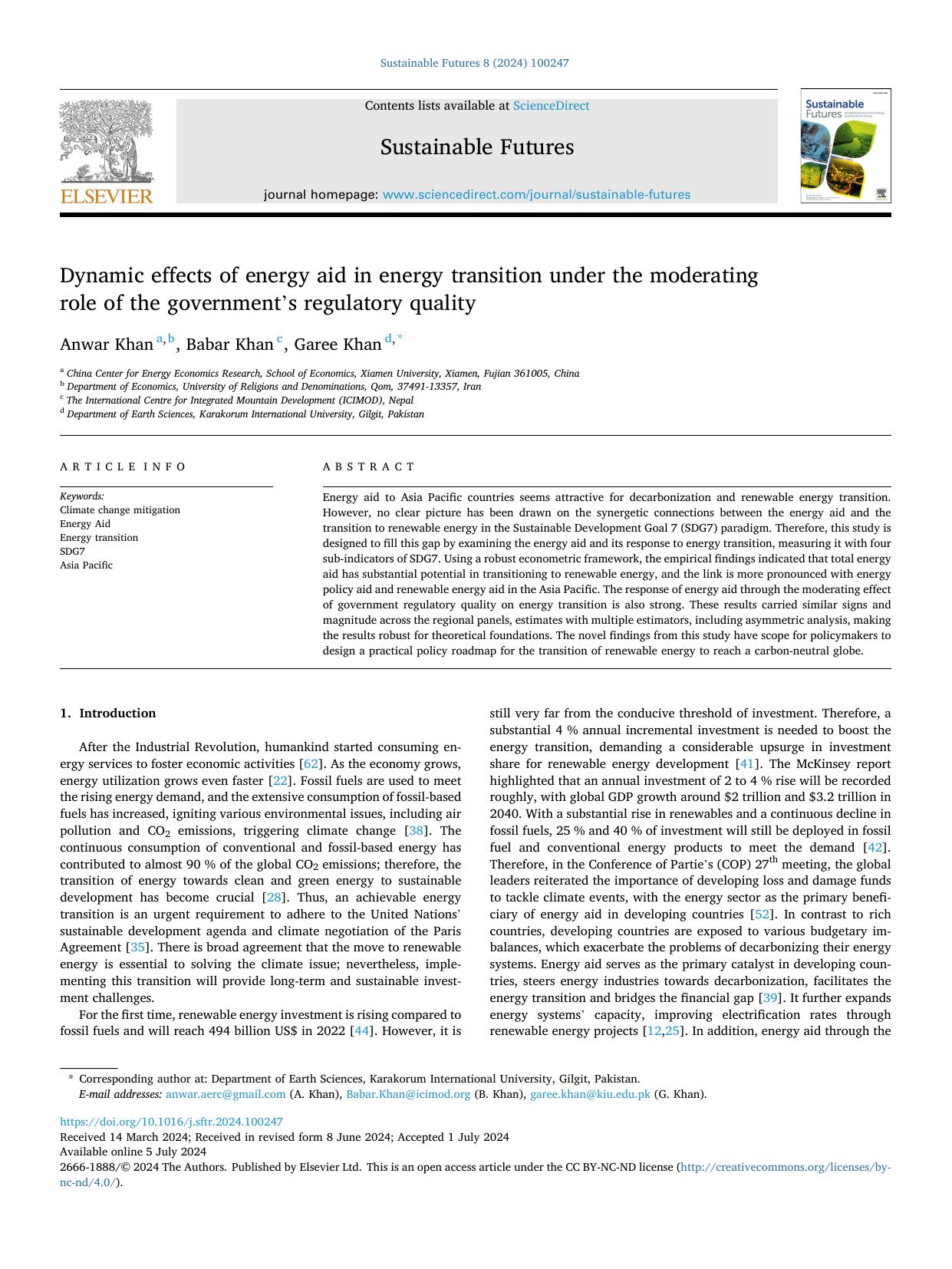 Dynamic Effects of Energy Aid in Energy Transition under the Moderating Role of the Government's Regulatory Quality