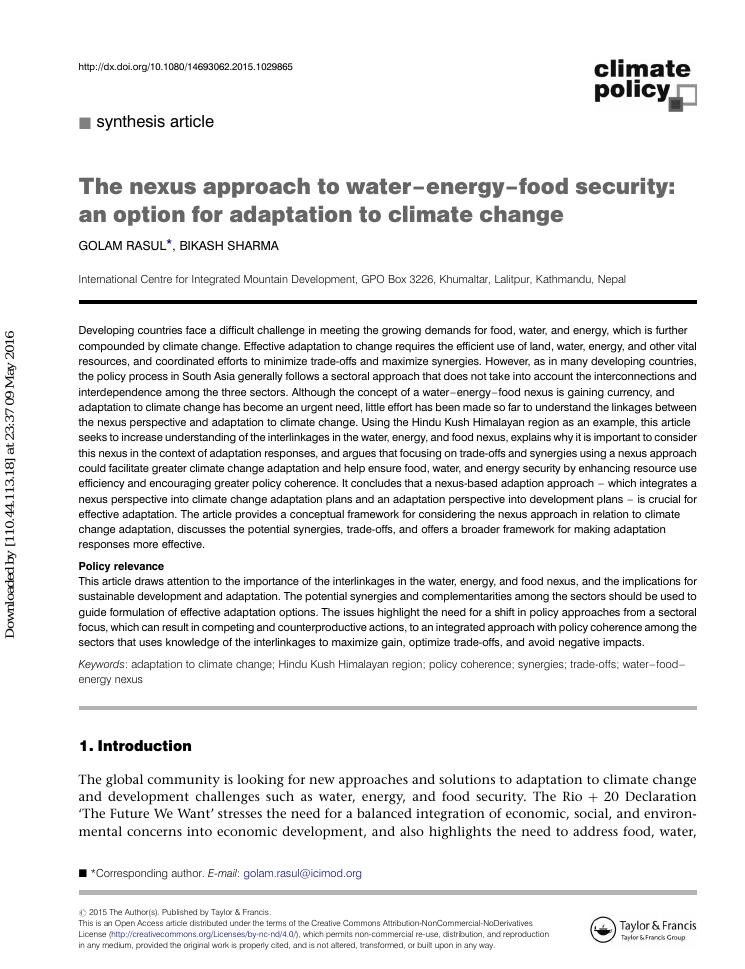 The Nexus Approach to Water–Energy–Food Security; An Option for Adaptation to Climate Change