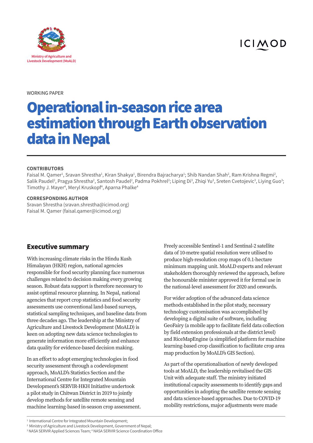 Operational in-season rice area estimation through Earth observation data in Nepal - working paper