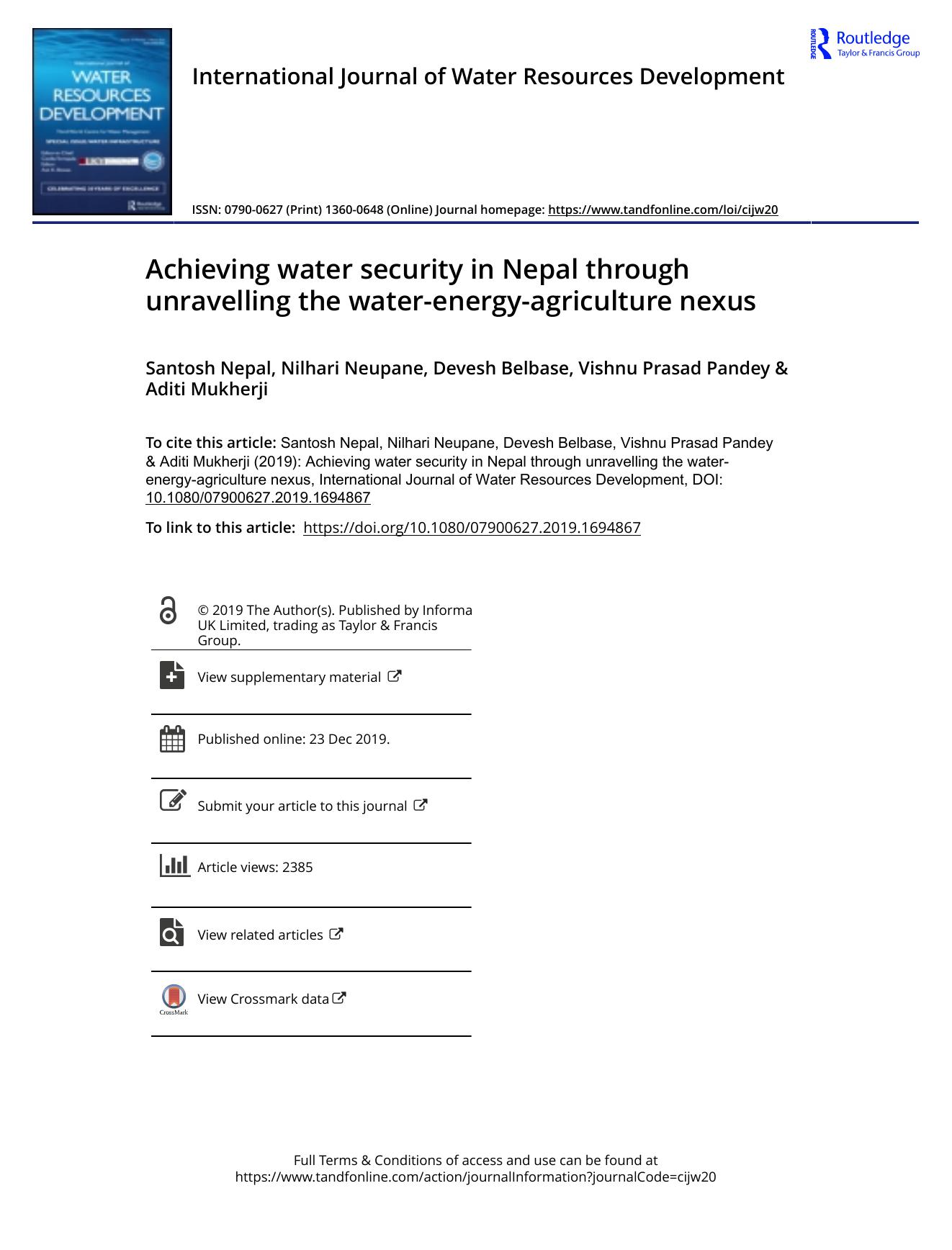 Achieving water security in Nepal through unravelling the water-energy-agriculture nexus