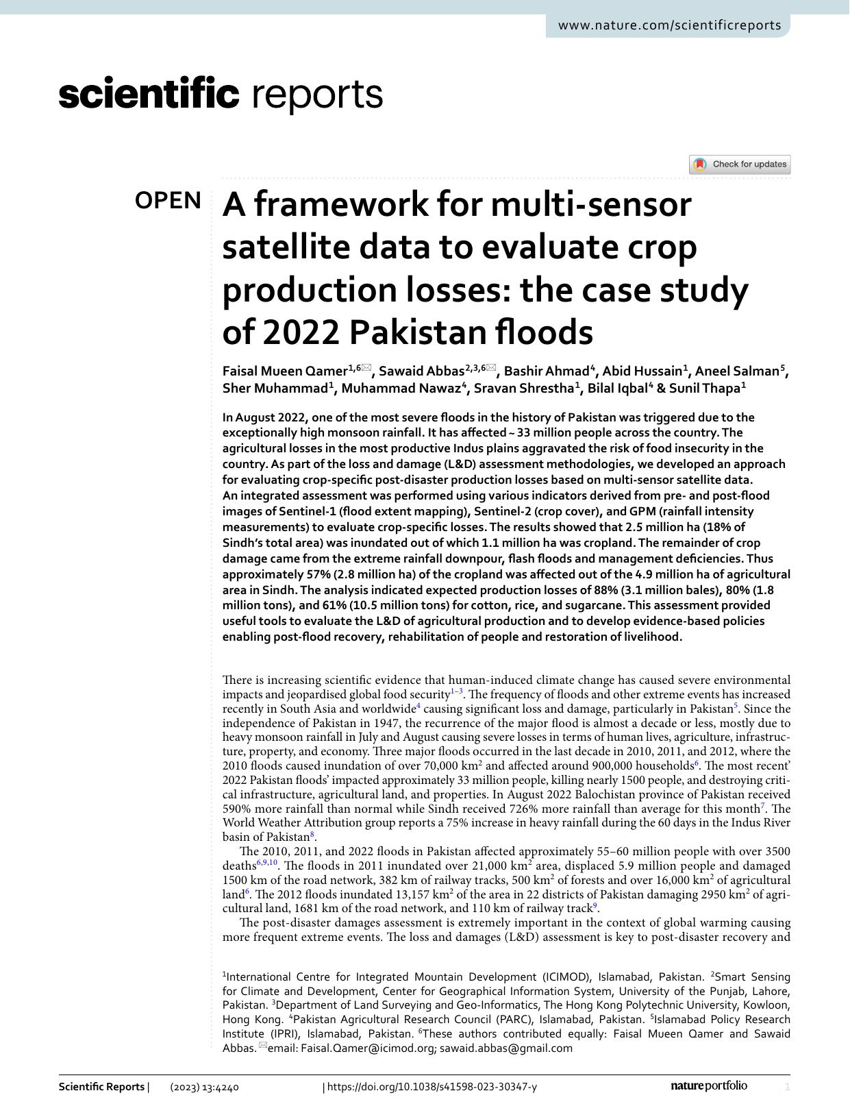 A framework for multi-sensor satellite data to evaluate crop production losses: the case study of 2022 Pakistan floods