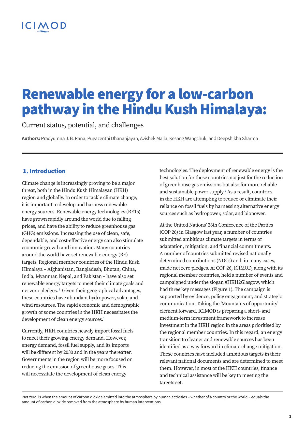 Renewable energy for a low-carbon pathway in the Hindu Kush Himalaya: Current status, potential, and challenges