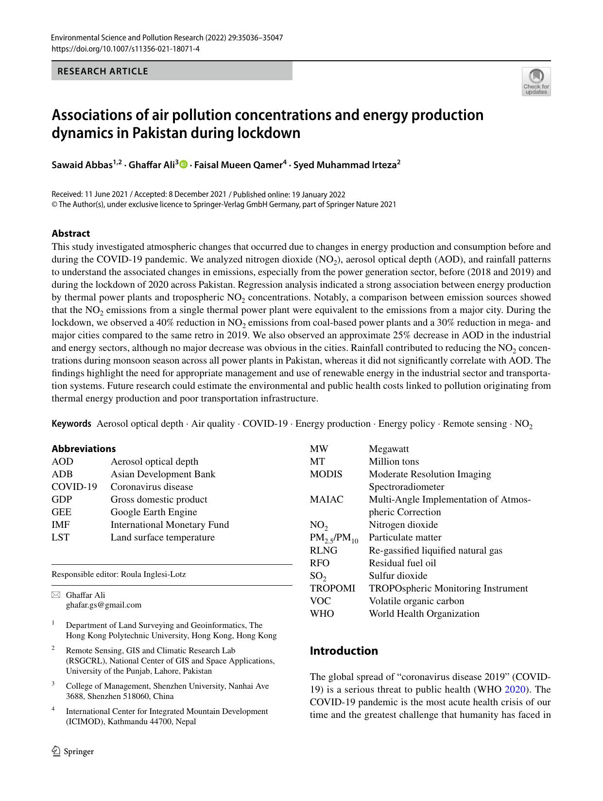 Associations of air pollution concentrations and energy production dynamics in Pakistan during lockdown