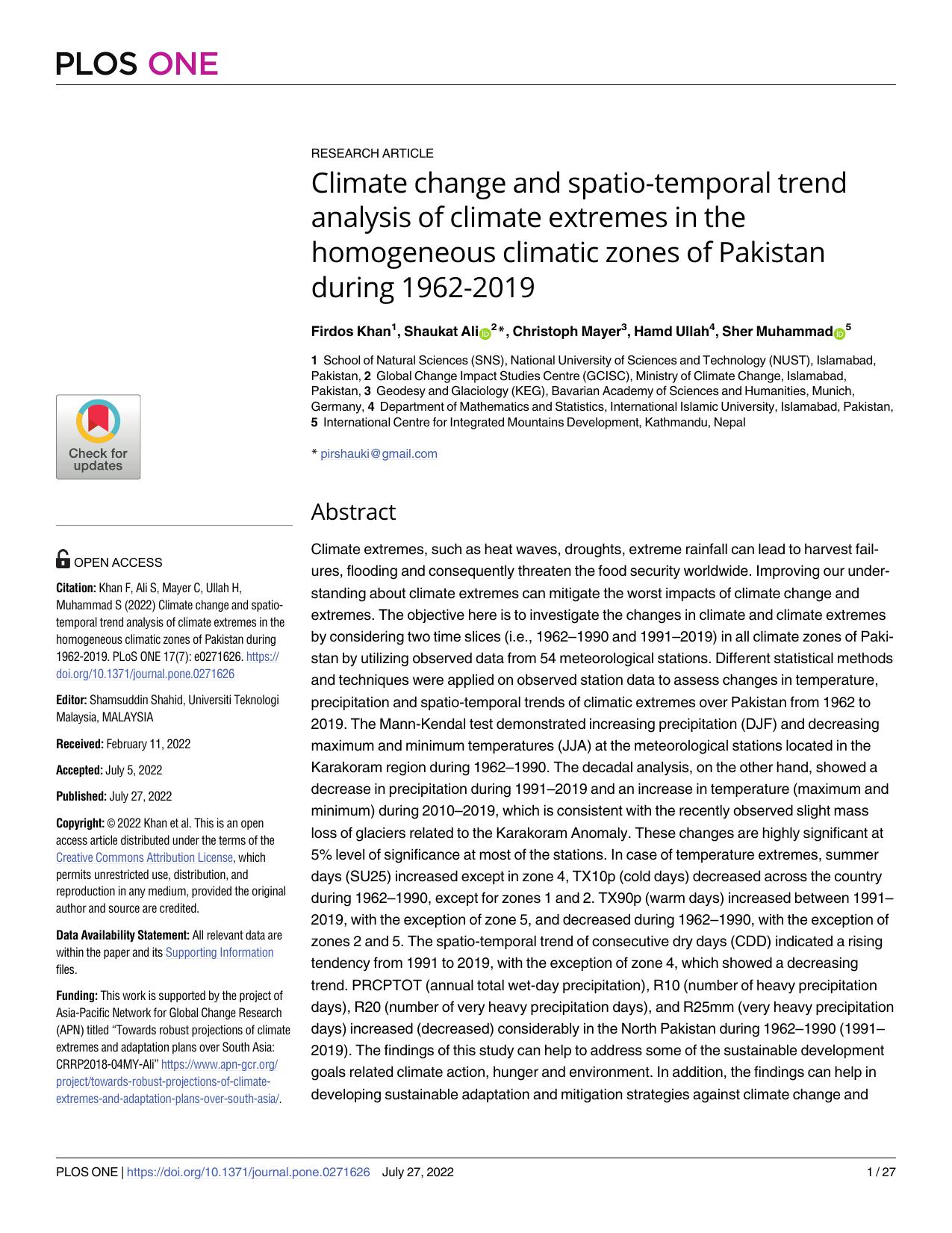 Climate change and spatio-temporal trend analysis of climate extremes in the homogeneous climatic zones of Pakistan during 1962-2019