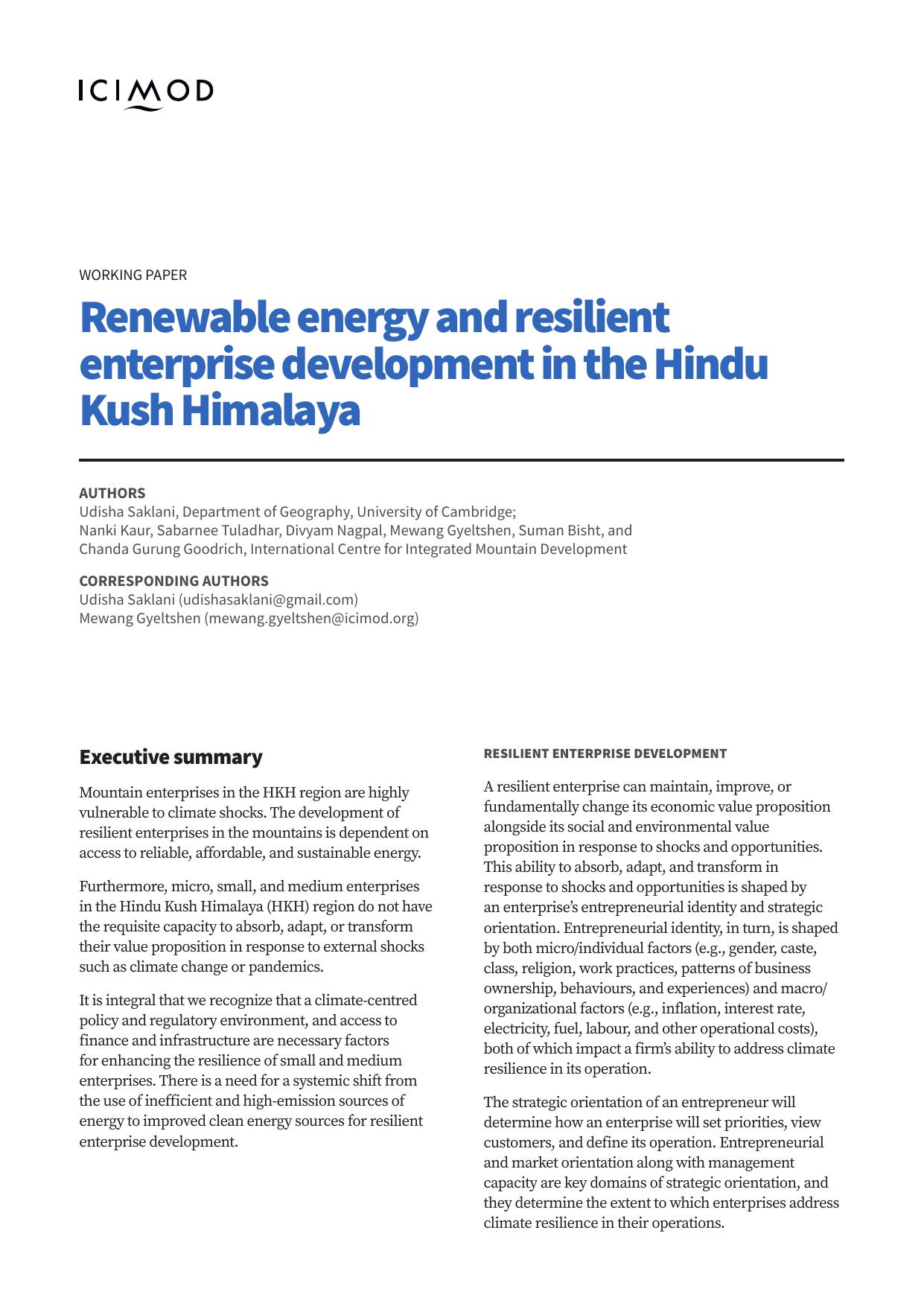 Renewable energy and resilient enterprise development in the Hindu Kush Himalaya - working paper