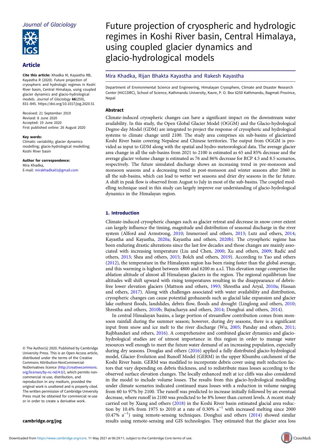 Future projection of cryospheric and hydrologic regimes in Koshi River ...