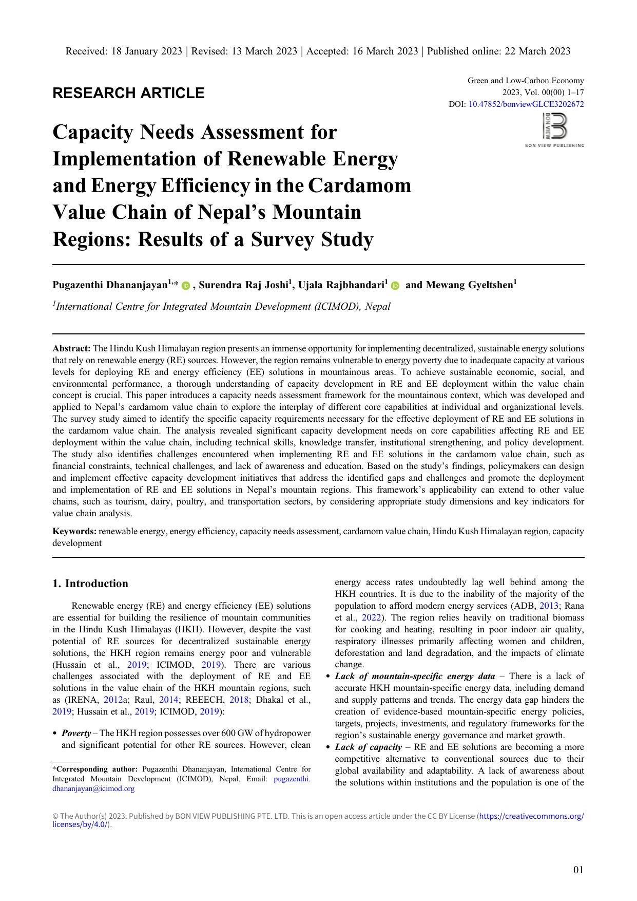 Capacity Needs Assessment for Implementation of Renewable Energy and Energy Efficiency in the Cardamom Value Chain of Nepal's Mountain Regions: Results of a Survey Study