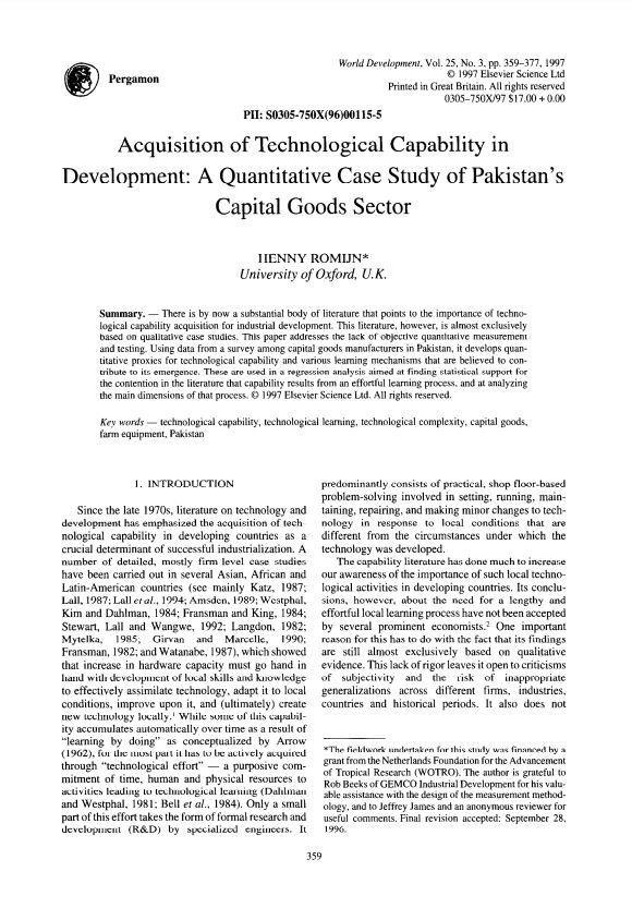 Acquisition of technological capability in development: a quantitative case  study of Pakistan's capital goods sector