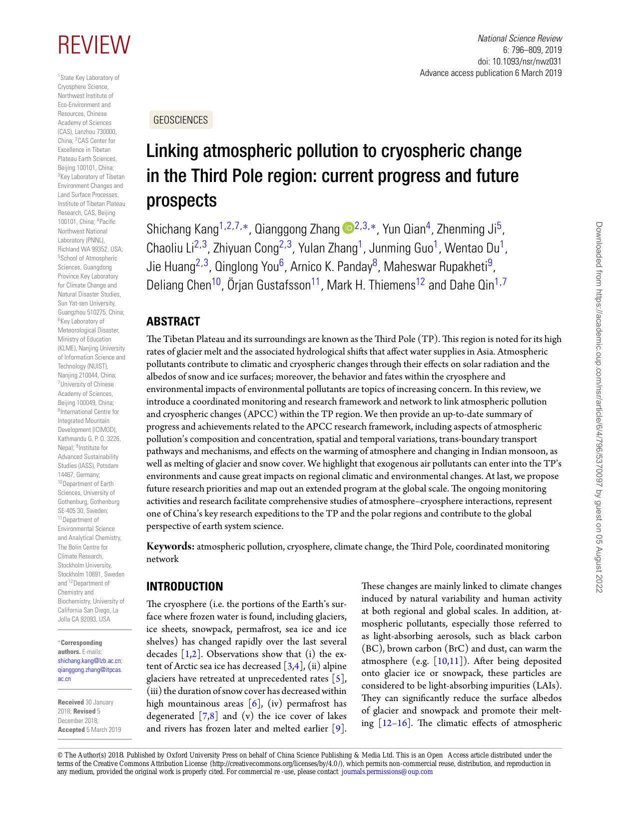 Linking atmospheric pollution to cryospheric change in the Third Pole region: current progress and future prospects