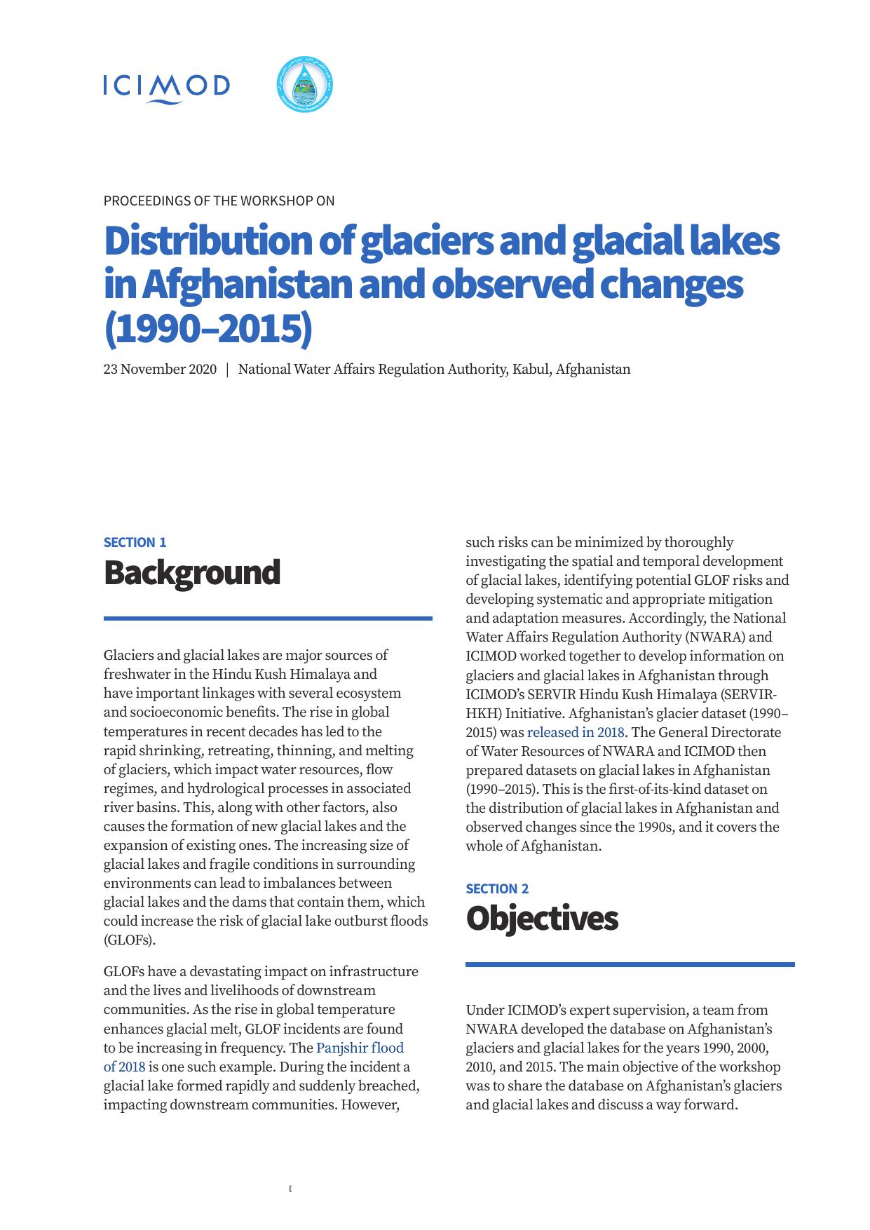 Proceedings of the workshop on distribution of glaciers and glacial lakes in Afghanistan and observed changes (1990–2015)