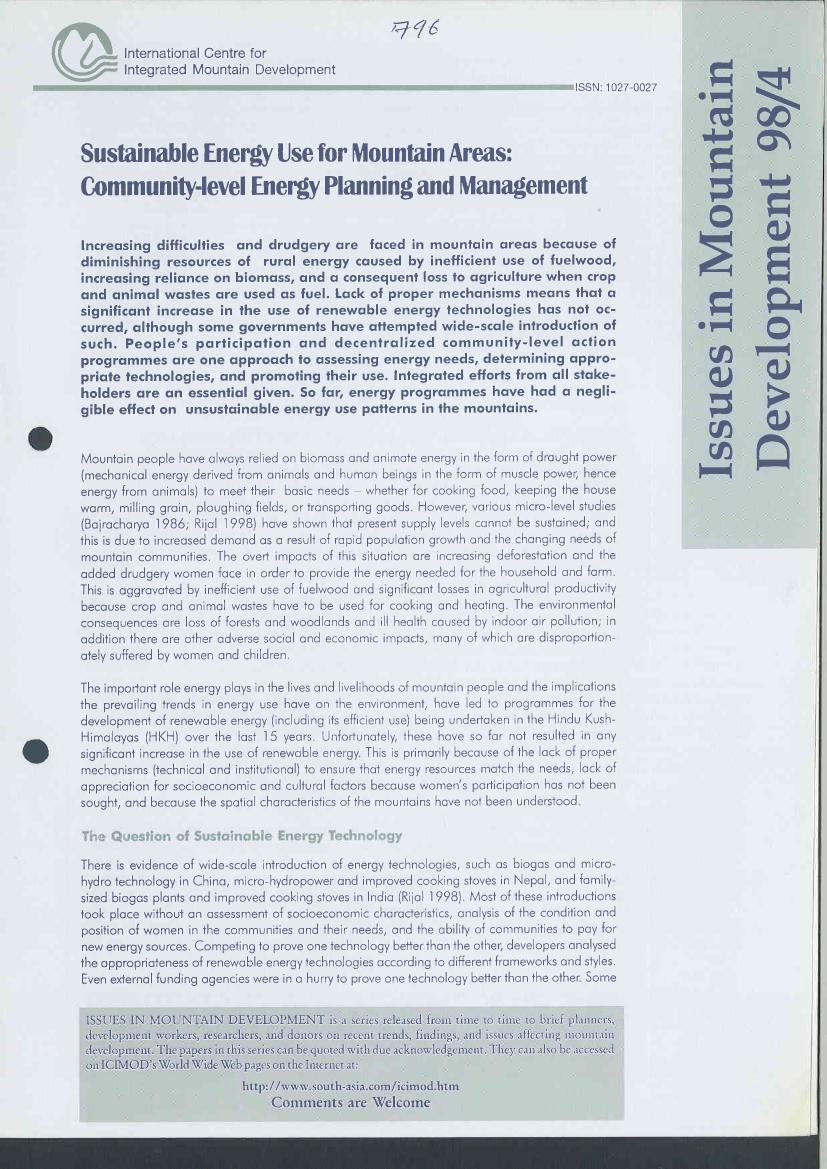 Sustainable Energy Use for Mountain Areas: Community-level Energy Planning and Management