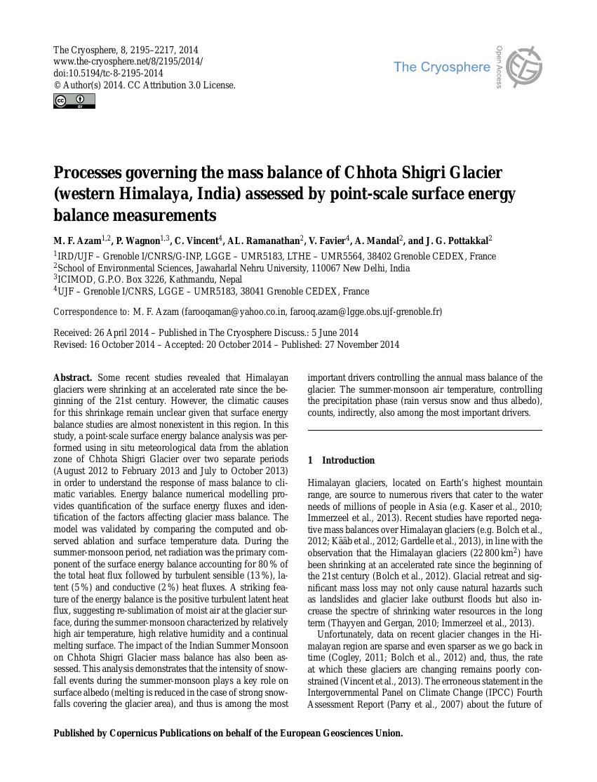 Processes Governing the Mass Balance of Chhota Shigri Glacier (Western Himalaya, India) Assessed by Point-Scale Surface Energy Balance Measurements