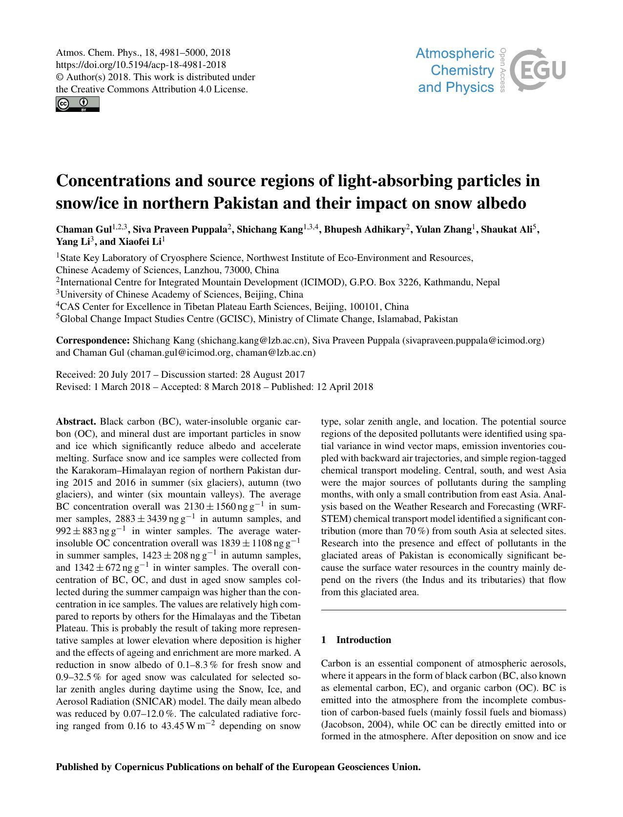 Concentrations and Source Regions of Light-Absorbing Particles in Snow/Ice in Northern Pakistan and Their Impact on Snow Albedo