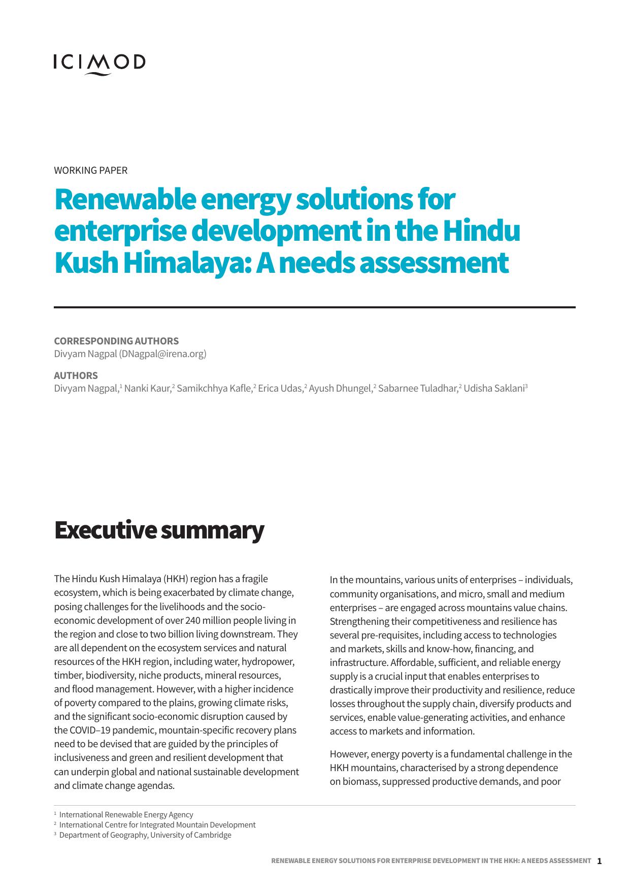 Renewable energy solutions for enterprise development in the Hindu Kush Himalaya: A needs assessment - working paper