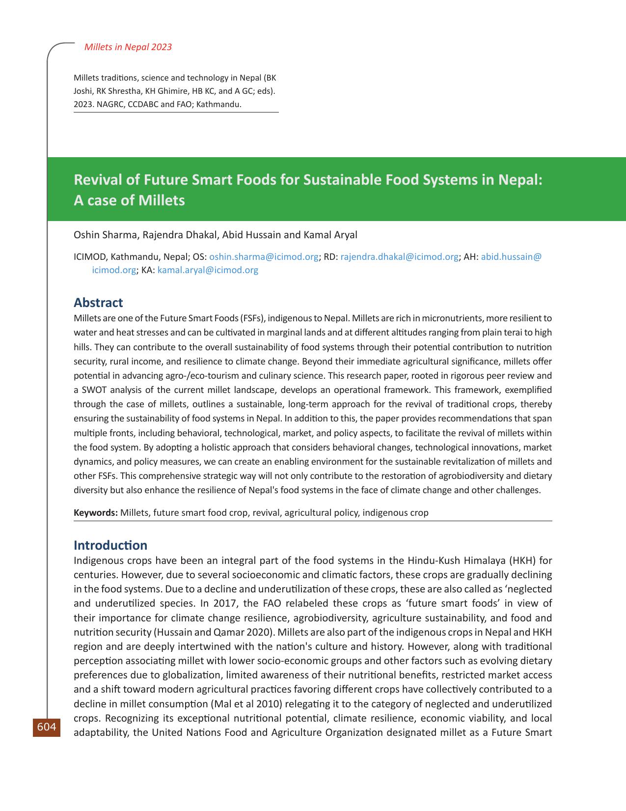 Revival of future smart foods for sustainable food systems in Nepal: A case of millets